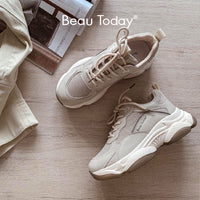 Original Beau Today Chunky Sneakers Women Mesh Leather Platform Shoes Mixed Colors Lace-Up Lady Trendy Trainers Thick Sole Handmade 29401