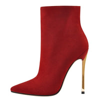 Original Onlymaker Women&#39;s Poited Toe Metal Thin High Heel Ankel Booties Side Zipper Fashion Black Red Boots