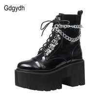 Original Gdgydh Patent Leather Gothic Black Boots Women Heel Sexy Chain Chunky Heel Platform Boots Female Punk Style Ankle Boots Zipper