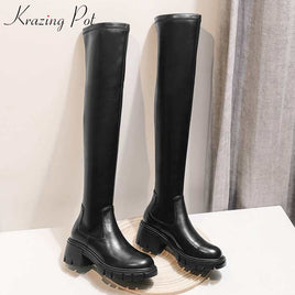 Original Krazing Pot Big Size Cow Leather Stretch Over-the-knee Boots Platform Round Toe High Heels Winter Women Warm Thigh High Boots