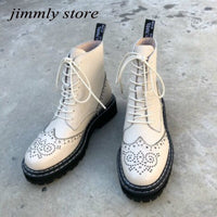 Original Genuine Leather Boots Women Hollow Out Flowers Brogues Platform Street Motorcycle Boots Women Riding Botas Mujer
