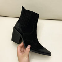 Original Leather Boots Women Genuine Pointed Toe Mid Heel Ankle Boots Thick Square Heel Slip On Western Boots Cowboy Boots Women 2020 New