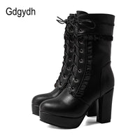 Original Gdgydh 2022 Autumn Winter Short Boots For Women High Hoof Heels Lace-up Ankle Strap Buckles Female Ankle Boots Fashion Ruffles