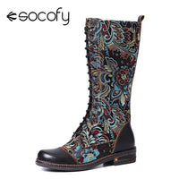 Original SOCOFY Flowers Pattern Colorful Stitching Elegant Zipper Lace Up Flat Mid Calf Boots Elegant Shoes Women Shoes Botas  Mujer