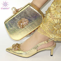 Original New gold color Italian Shoes With Matching Bags African Women Shoes and Bags Set For Prom Party Summer Sandal