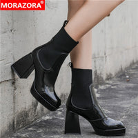 Original MORAZORA Nature Full Genuine Leather Chelsea Boots Womne Thick High Heels Square Toe Spring Autumn Ankle Boots For Women Botas