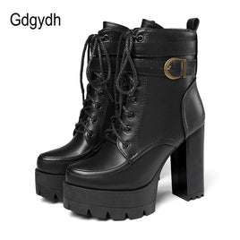 Original Gdgydh 2022 Russian Hot Sales Women Shoes Thick Platform High Heel Female Ankle Boots Round Toe Lace up Zipper Motorcycle Boots