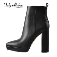 Original Onlymaker Women Ankle Boots Pointed Toe Black Matte Flock12CM Chunky Heel Platform Booties Party Shoes Large Size Short Boots