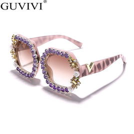 GUVIVI - Women&#39;s New Round Diamond Sunglasses Retro Luxury Rhinestone Eyeglasses Luxury Brand Designer Eyewear Sunshade Too Glasses UV400