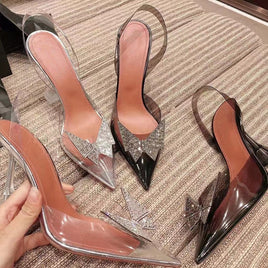 Original 2021 New Pointed Transparent Sandals Women&#39;s Bun Water Drill Bow Wine Glass Heels