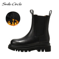 Original Smile Circle Autumn Slip-on Chelsea Boots Women Genuine Cow Leather fashion Round-toe Flat Platform Boots Lady shoes