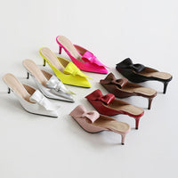 Original Tip-toed high-heeled bow slippers for women in summer wearing thin-heeled Baotou semi-slippers for women&#39;s shoes in 2019
