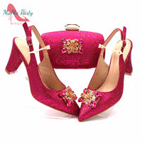 Original Fashionable African Shoes and Bag Set Italian Women  Fuchsia Color Nigerian Shoes with Matching Bags for Royal Wedding Party