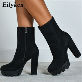 Original Eilyken 2022 New Fashion Autumn Winter High heels Ankle Boots Women Thick Heel Platform Boots Ladies Worker Boots size 41 42