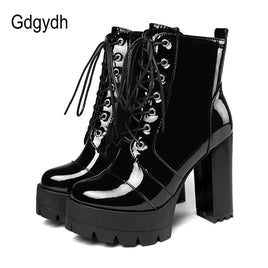 Original Gdgydh 2021 Thick High Heeled Female Patent Leather Ankle Boots Round Toe Lace-up Zipper Women Short Boots Gothic Women Shoes