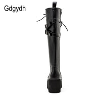 Original Gdgydh Fashion Women Boots Cross Strap PU Leather Autumn Winter Knee High Boots Ladies Thick Sole Platform Shoes Punk Gothic