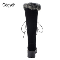 Original Gdgydh Lace-up Winter Shoes Women Snow Boots Real Fur Boots Women Knee High Suede Thick Heel Warm Outdoor With Zip Big Size 43