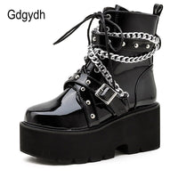 Original Gdgydh Autumn Winter Boots Women Sexy Chain Boots Ankle Buckle Strap Ankle Boots Square Heel Thick Sole Platform Rock Punk Style