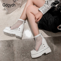 Original Gdgydh Gothic Punk Black Summer Mesh Booties Women Height Increasing Genuine Pantent Leather Summer Shoes Hollow Out Zipper New