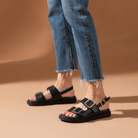 BEAU TODAY - Original Sandals Women Genuine Cow Leather Metal Detailed Ankle Buckle Strap Summer Beach Ladies Low Heel Shoes Handmade 38128
