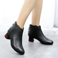 Original GKTINOO 2022 Summer Ankle Boots Genuine Leather Shoes Women Med High Heel Back Zipper Boots Cutout breathable Mujer Zapatos