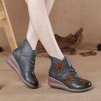 Original 2022 Autumn and Winter New Genuine Leather Casual Women&#39;s Shoes Vintage Flower Retro Handmade Women Ankle Boots with Fur Booties