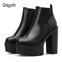 Original Gdgydh New Black Leather Womens Boots Spring Autumn Basic Solid Color Ladies High Heeled Shoes Platform Square Heel Model Party