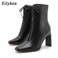 Original Eilyken Size 35-42 Women Square Head Ankle Boots Fashion Cross Strap Square High Heels Winter Shoes Zipper Office Lady Boots