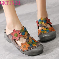 Original GKTINOO Flower Slippers Genuine Leather Shoes Handmade Slides Flip Flop On The Platform Clogs For Women Woman Slippers Plus Size
