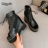 Original Gdgydh Open Toe Genuine Leather Boots Woman With Heels Breathable Mesh Shoes For Summer Black Leather Platform Boots Women New