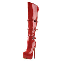 Original Only maker Women & Platform Round Toe Stiletto Side Zipper Knee High Boots16CM High Heel Patent Leather Red Long Boots For Winter