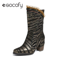 Original SOCOFY Fashion Metal Boots Color Zebra Pattern Stitching Lace High Heel Boots  Elegant Ladies Shoes Women Botines Mujer 2020