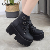 Original Gdgydh Spring Autumn Ankle Boots Women Platform Boots Rubber Sole Buckle Black Leather PU High Heels Shoes Woman Comfortable