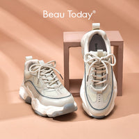 BEAU TODAY - Original Women Chunky Sneakers Synthetic Leather Mesh Patchwork Round Toe Lace-Up Thick Sole Ladies Breathable Shoe 29402