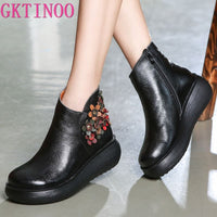 Original GKTINOO New Autumn Women&#39;s Genuine Leather Platform Shoes Wedges Lady High Heel Shoes Woman Pumps Handmade Flower Shoes