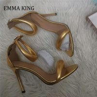 Original 2021 Women 10.5cm Heels Sandals Metallic Gold Leather High-heeled Sandals Zip Fastening Ankle Strap Peep Toe Sandalias De Mujer