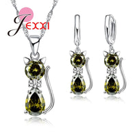Original Jewellery Sets Accessories Genuine 925 Sterling Silver  Cubic Zirconia Cat Kitty Necklace Pendant+Leverback Earrings Hot