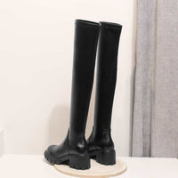 Original Krazing Pot Big Size Cow Leather Stretch Over-the-knee Boots Platform Round Toe High Heels Winter Women Warm Thigh High Boots