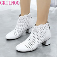 Original GKTINOO 2022 Summer Ankle Boots Genuine Leather Shoes Women Med High Heel Back Zipper Boots Cutout breathable Mujer Zapatos