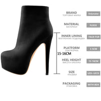 Original Only maker Women Booties Round Toe Platform Ankle Booties Black  Red Flock Stiletto Side Zipper 16CM High Heel Sexy Lady Boots
