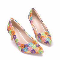 Original Crystal Queen Women Mutilcolor Lace Wedding Shoes 7CM High Heels Big Size Sweet Pumps Princess Party