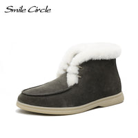 Original Smile Circle Women Snow Boots Natural fur Genuine Leather Ankle Boots Winter Comfortable Flat Wool Boots Women Shoes