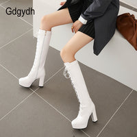 Original Gdgydh 2022 Patent Leather Women Knee-High Boots Red Wedding Boots Lace-up Round Toe Thich High Heels Female Boots Plus Size 48