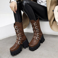 Original Winter Gothic Punk Womens Platform Boots Black Buckle Strap Zipper Creeper Wedges Shoes Mid Calf Military Combat Boots U542