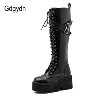 Original Gdgydh Fashion Women Boots Cross Strap PU Leather Autumn Winter Knee High Boots Ladies Thick Sole Platform Shoes Punk Gothic