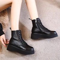 Original Women Boots Natural suede leather Ankle Boots flat Platform Boots Fashion zipper Thick bottom Black Ladies Shoes