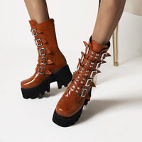 Original Winter Gothic Punk Womens Platform Boots Black Buckle Strap Zipper Creeper Wedges Shoes Mid Calf Military Combat Boots U542