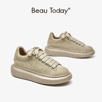 BEAU TODAY - Original Women Platform Sneakers Cow Suede Leather Lace-Up Casual Round Toe Lady Flats Shoes with Thick Sole Handmade 29116