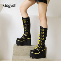 Original Gdgydh Womens Yellow Smiley Face Gothic Boots Buckle Strap Platform Wedges Heel Winter Punk Shoes Increasing Cosplay Party New