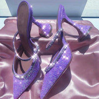 Original European and American Popular 2020 Summer New Dazzling Pink Crystal Sequined Spool Heels Pointed High Heels Women Slippers